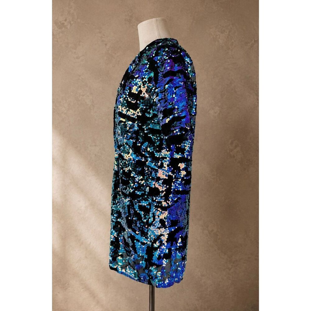 Anthropologie Sz M Bhanui by Jyoti Sequin Mini Dress Iridescent Blue Black Party - Picture 3 of 11